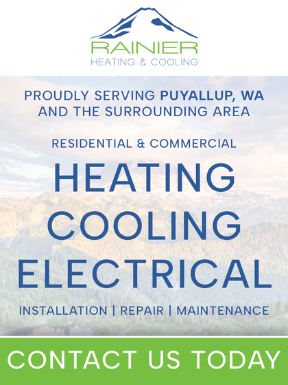 Advertisement for Rainier Heating & Cooling. Blue and green design with text: services in Puyallup, WA