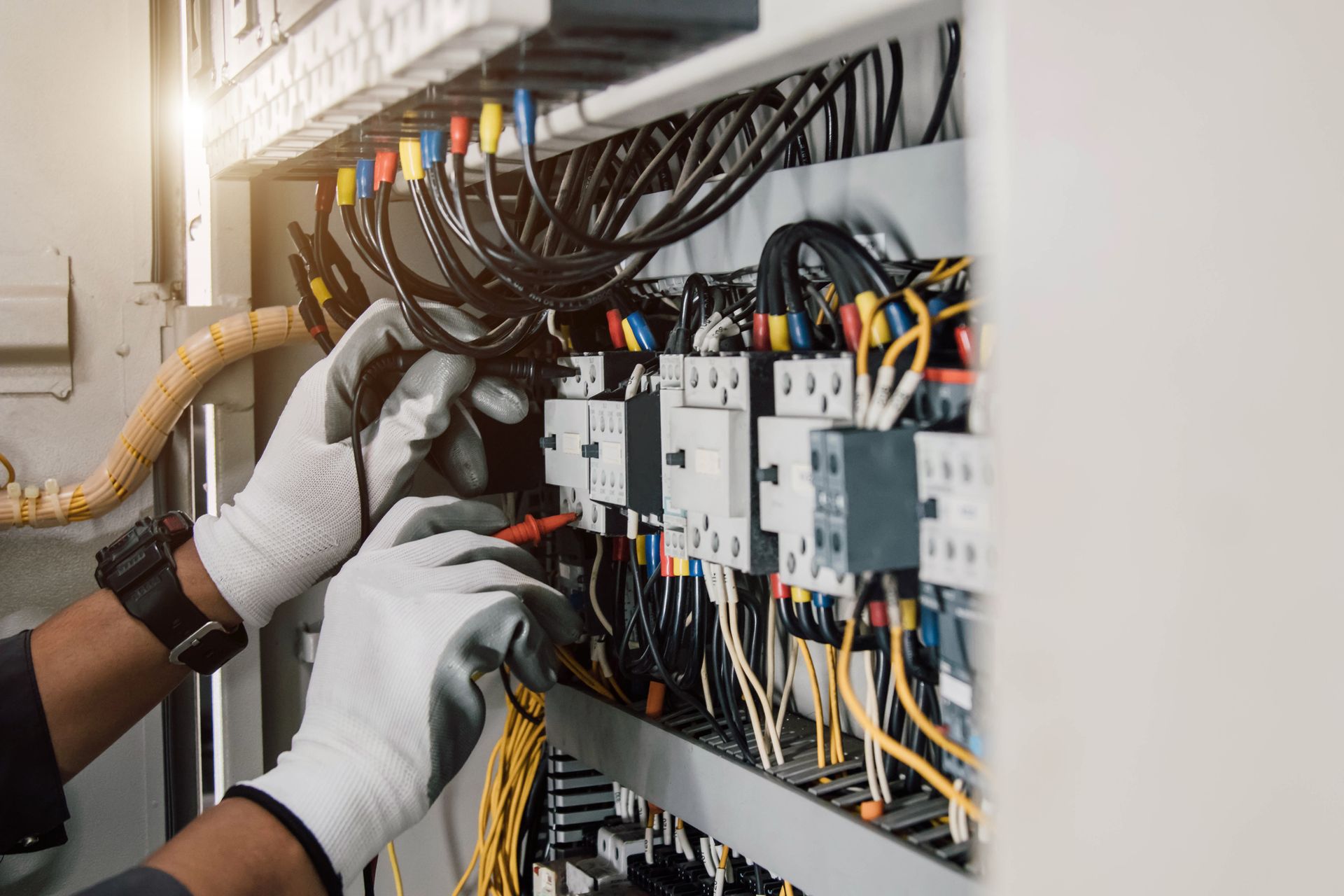 Electrician working on a control panel, wearing gloves, with wires of various colors.