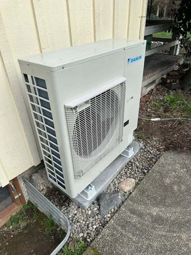 White outdoor air conditioning unit next to a building wall on a gravel pad.
