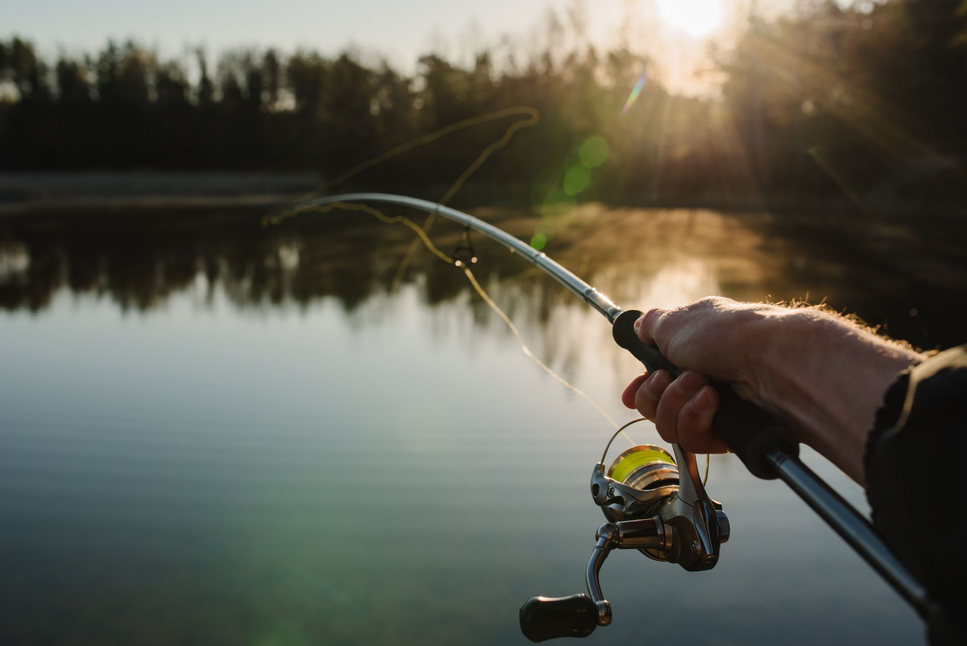 A person is holding a fishing rod over a lake.