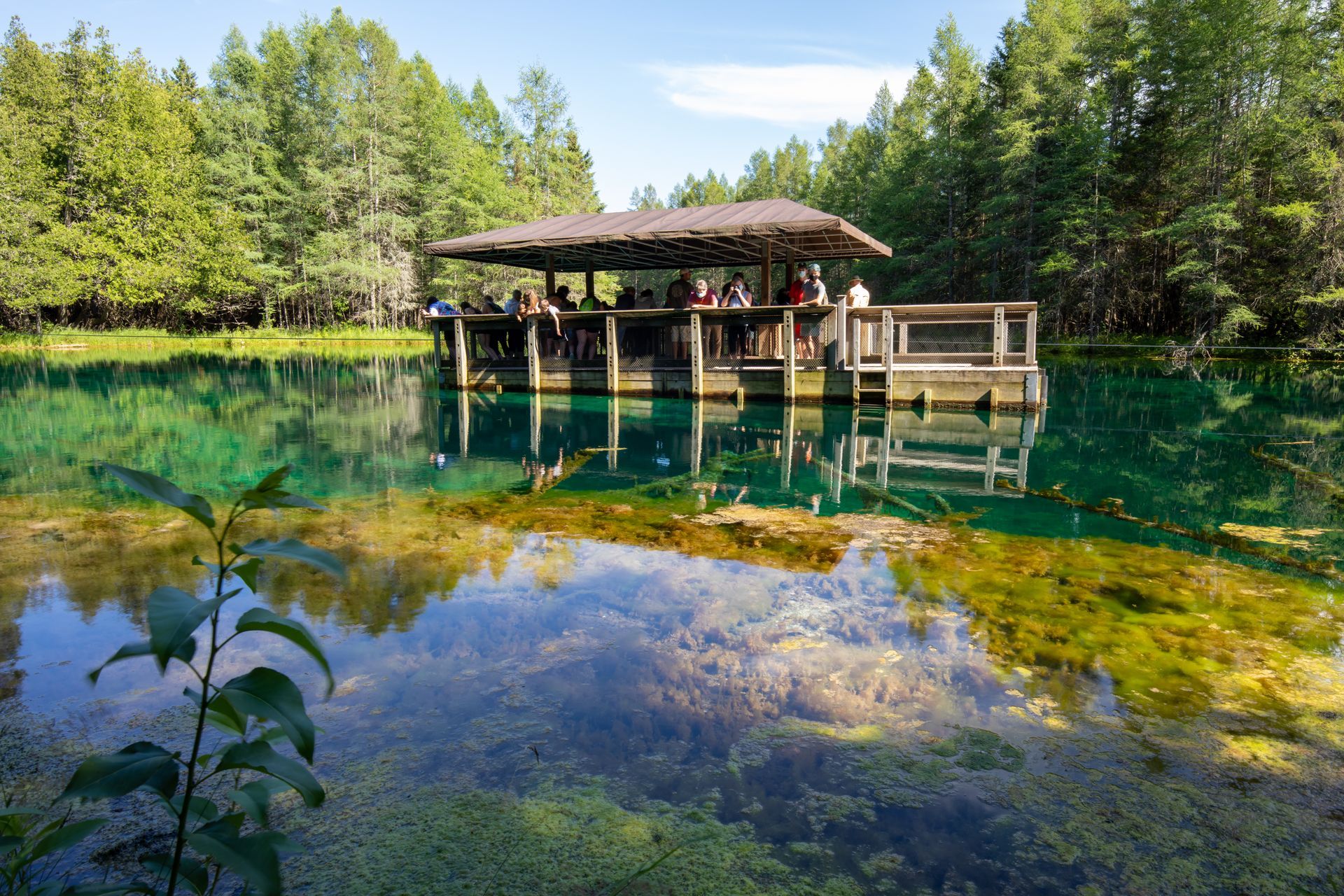 A group of people are standing on a dock overlooking a lake.