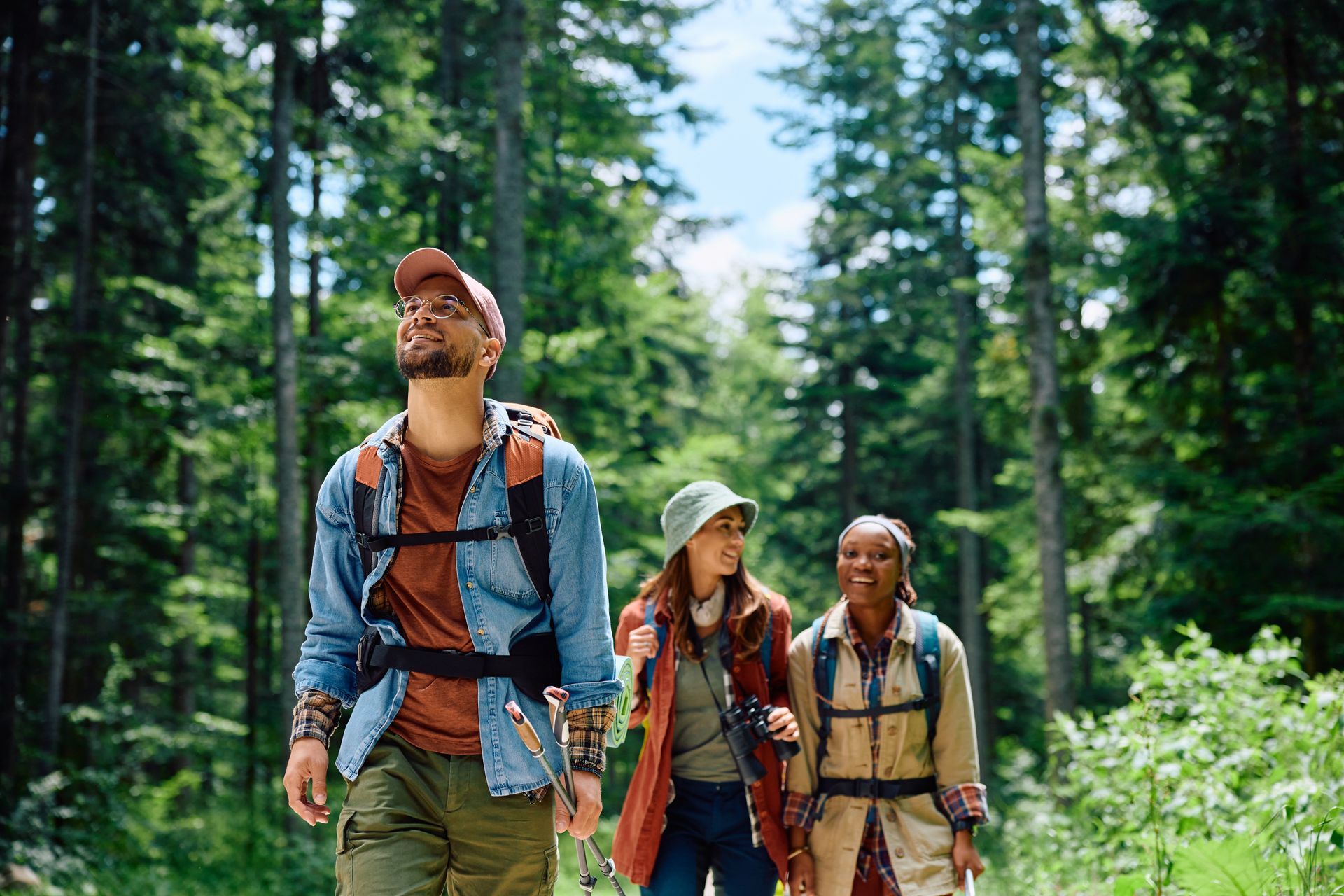 A group of people are hiking through a forest.