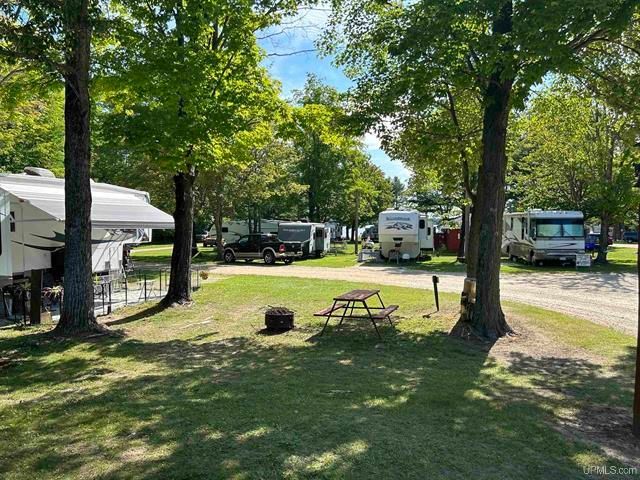 a group of rvs parked in a grassy area next to trees .