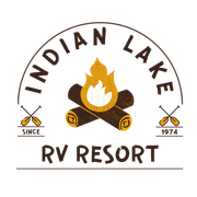 the logo for indian lake rv resort shows a campfire and two oars .