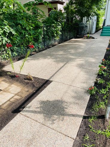 A concrete walkway leading to a house with flowers on the side.