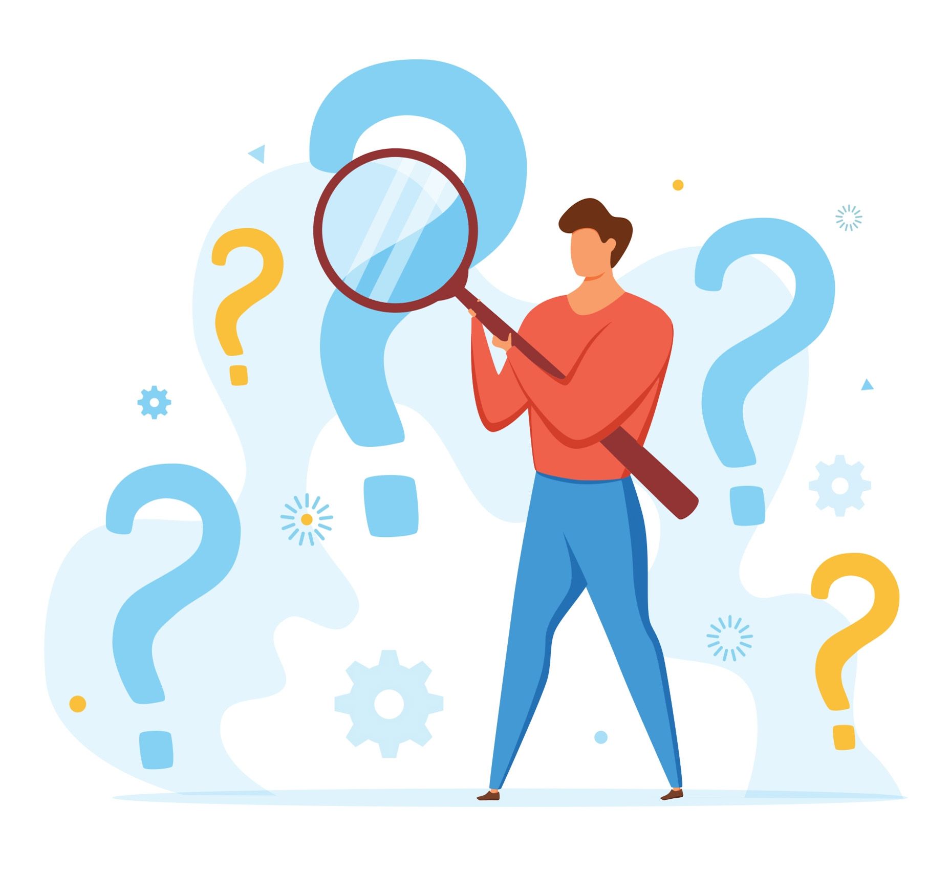 A man is holding a magnifying glass in front of a bunch of question marks.