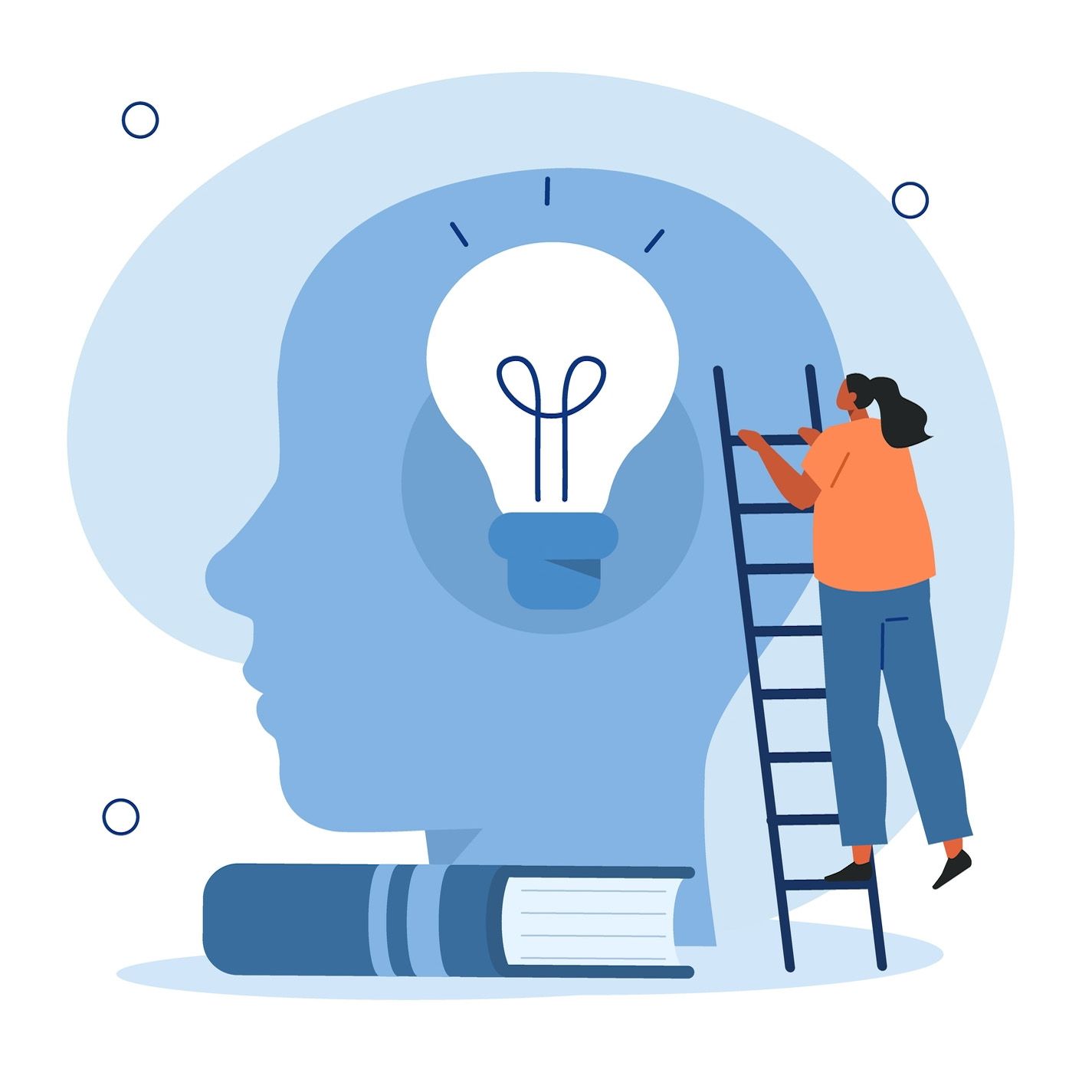 A woman is climbing a ladder to get a light bulb in her head.