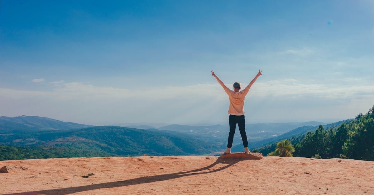 Person standing on a mountain overlook with arms raised, facing a wide blue valley and sky