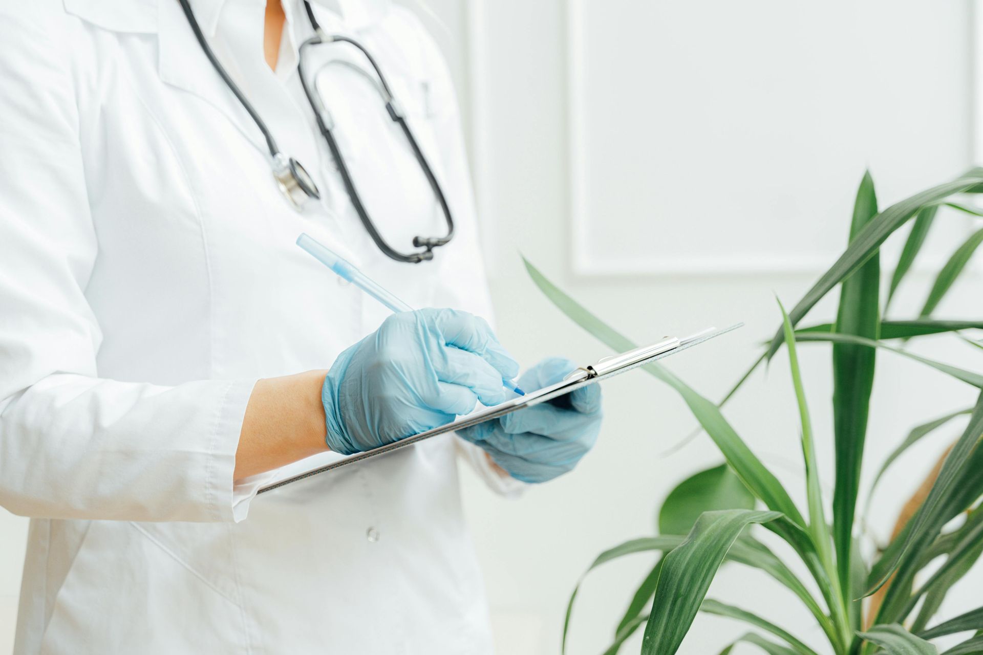 A healthcare professional in a white coat and blue gloves writes on a clipboard, standing next to a green plant.