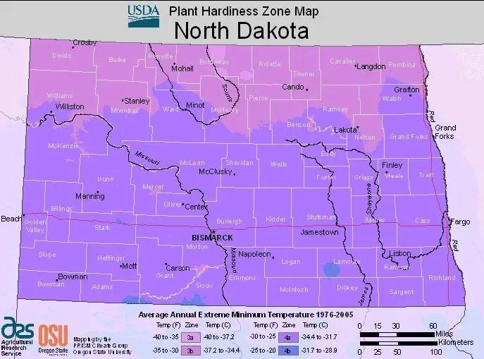 A map showing the plant hardness zone in north dakota