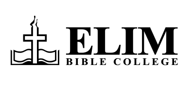 Logo for Elim Bible College featuring a cross rising from an open book with the text 