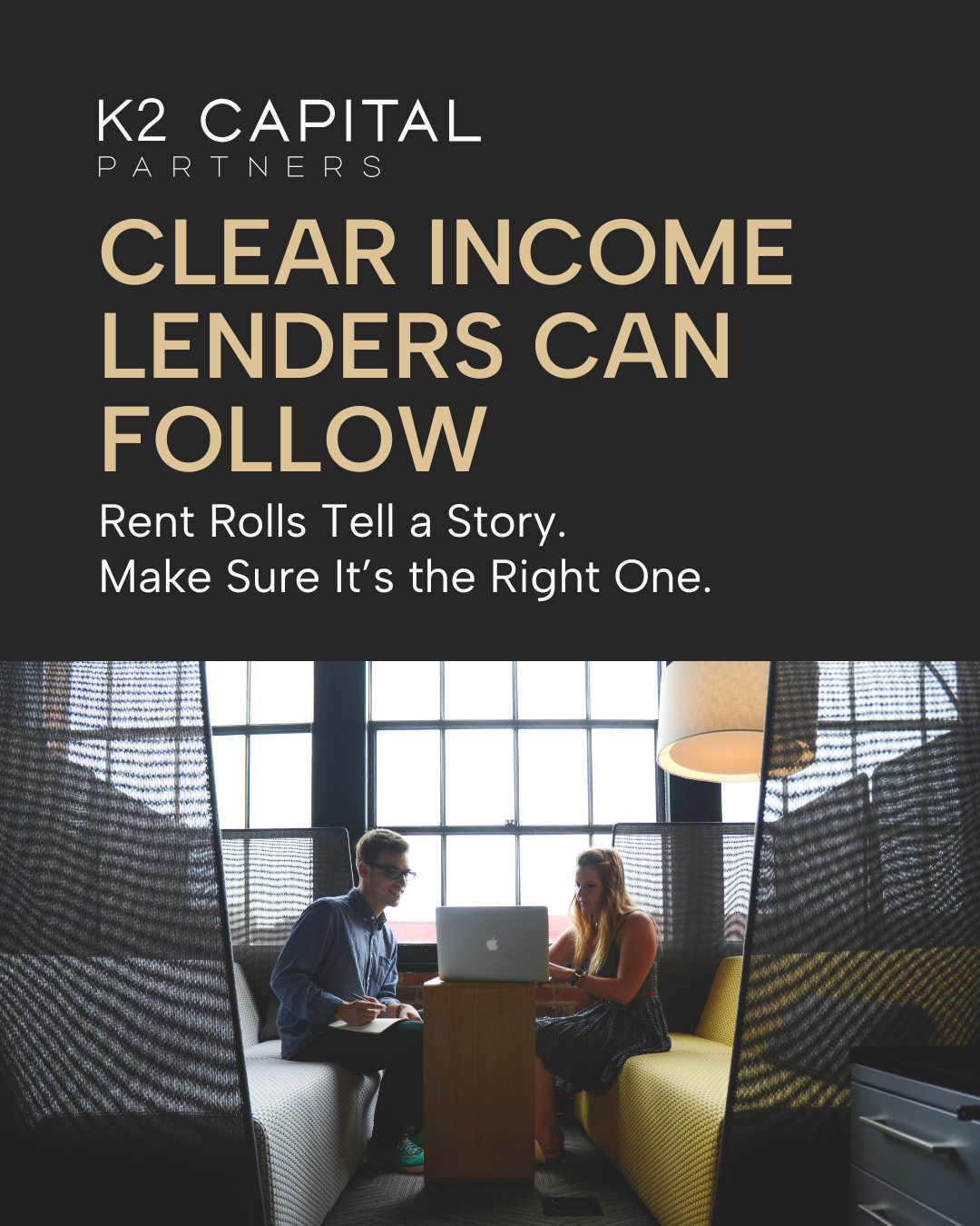 A business ad for K2 Capital Partners showing two people working together at a desk near a window.