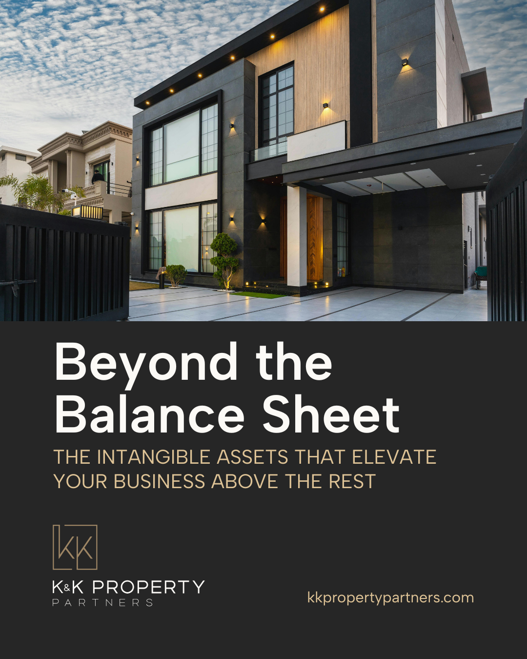 A modern two-story home, text overlay 