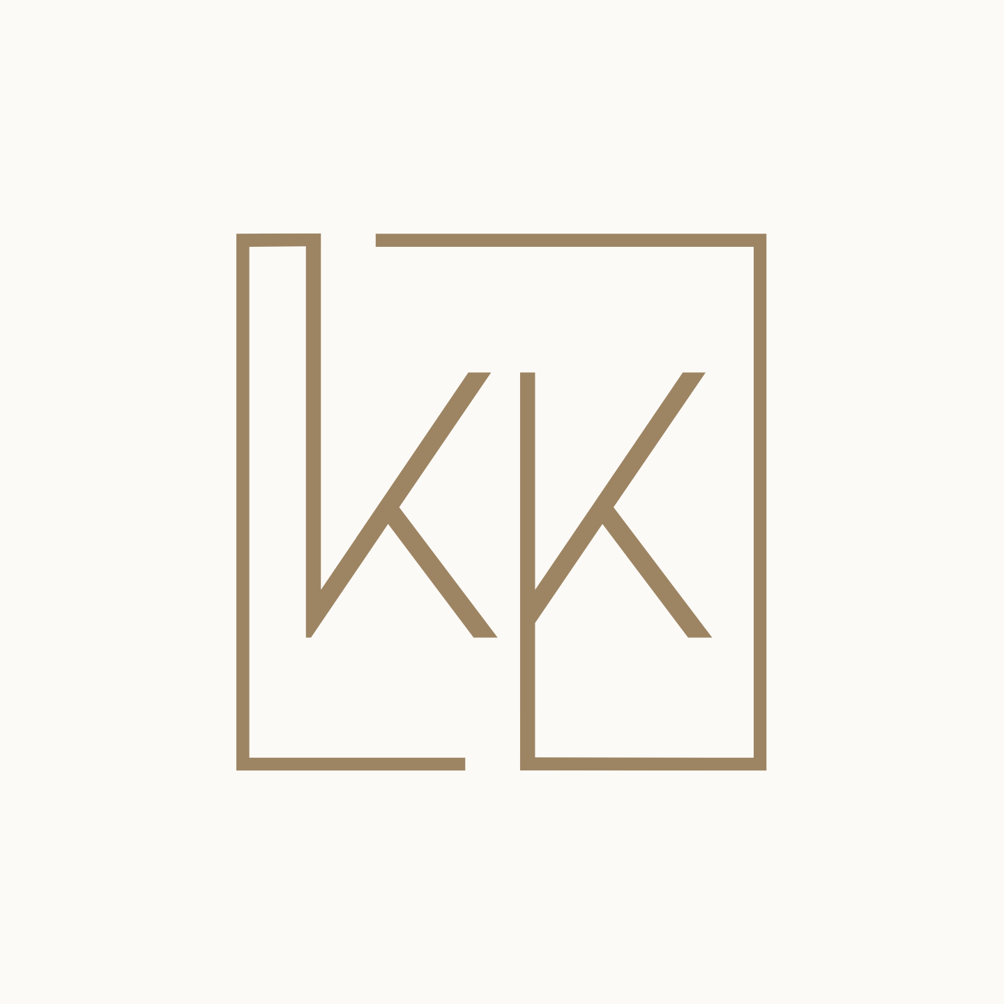 A gold-toned minimalist logo featuring two letter 