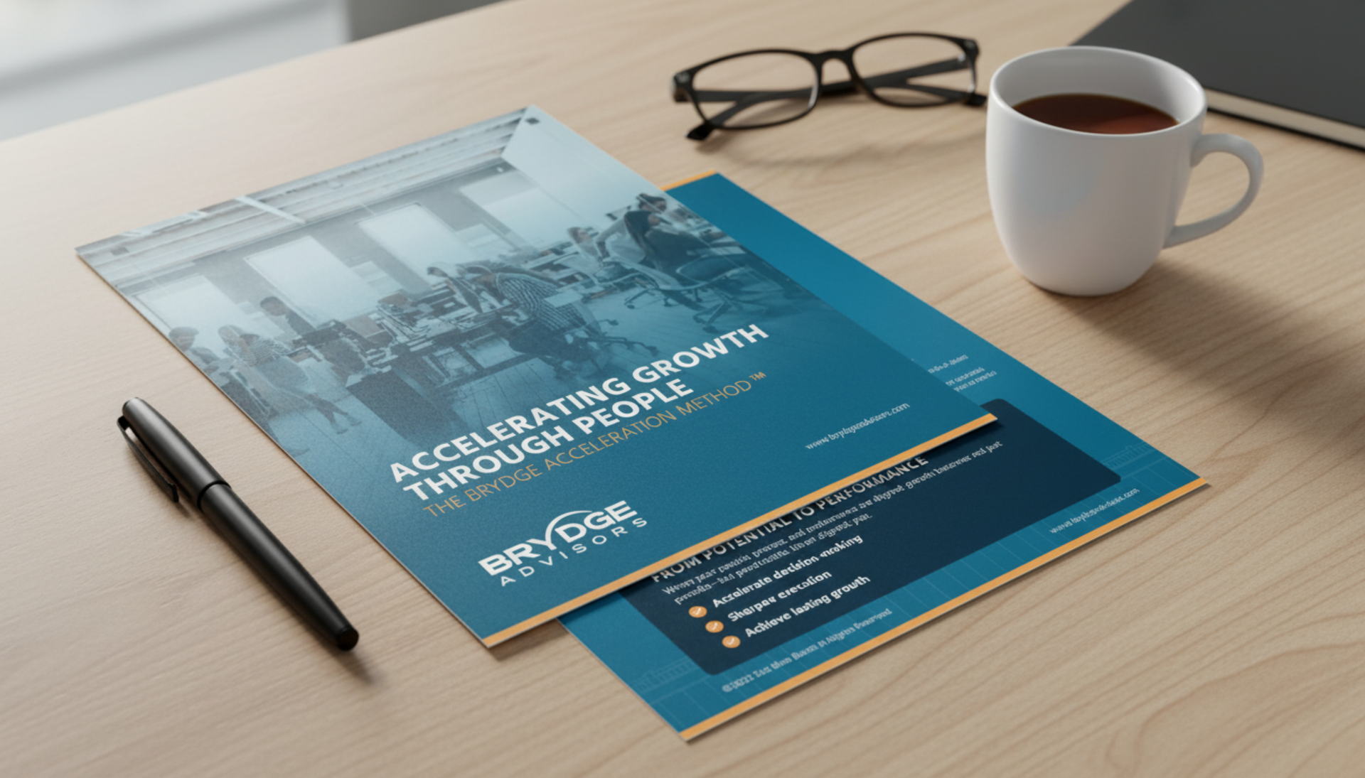 Two blue flyers branded "BryDge Advisors" featuring the text "Accelerating Growth Through People" on a wooden desk.