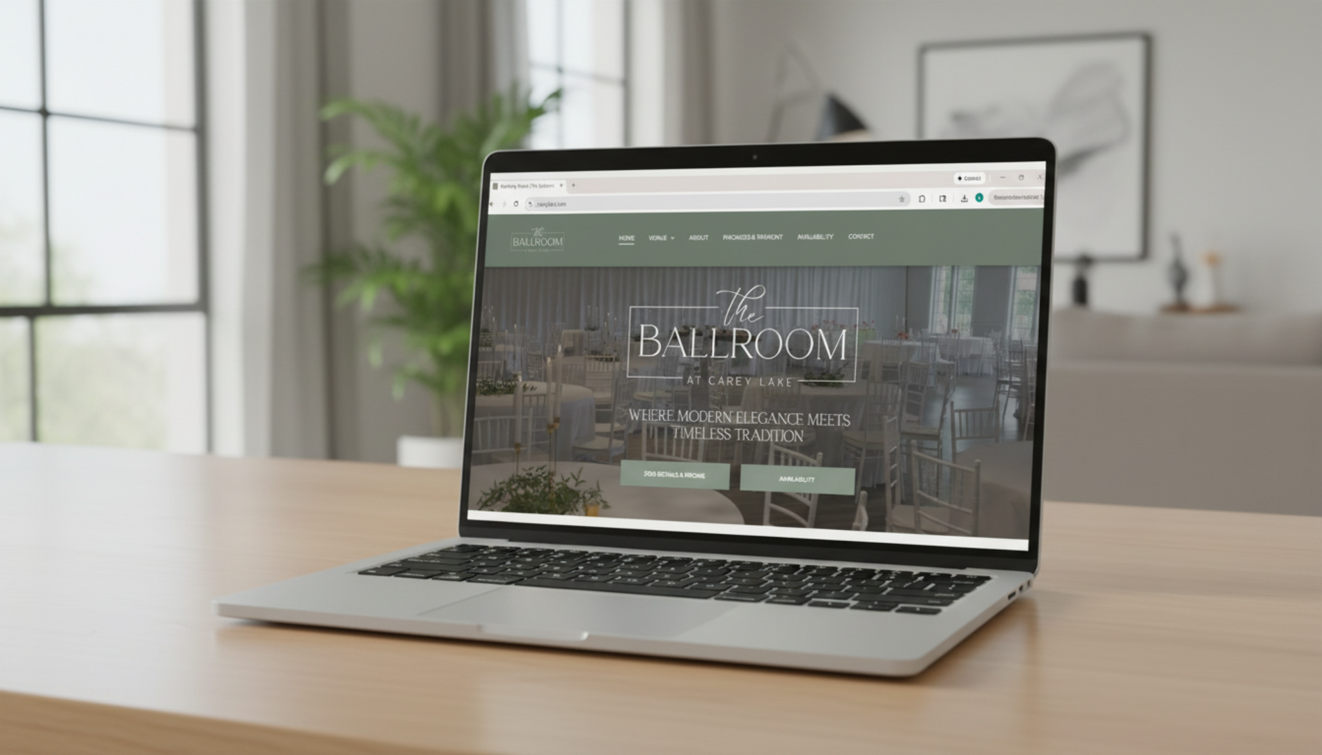 A laptop on a wooden desk displaying a website for The Ballroom, an elegant venue, in a brightly lit room with a plant.