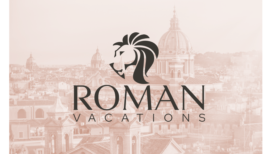 A logo for Roman Vacations featuring a lion head icon over the text, set against a faded, sepia-toned cityscape of Rome.