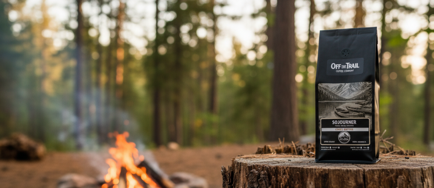 A bag of coffee placed on a tree stump in a forest, with a campfire burning in the blurred background.