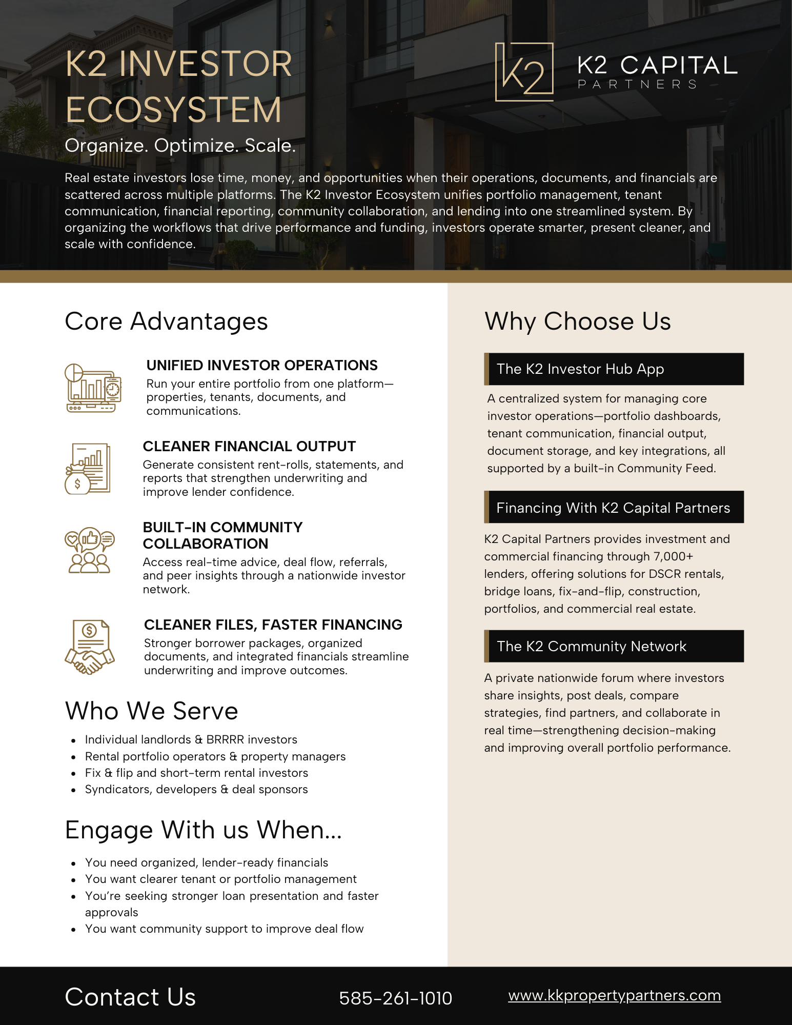 Marketing flyer for K2 Capital's Investor Ecosystem, outlining services, benefits, and contact information.