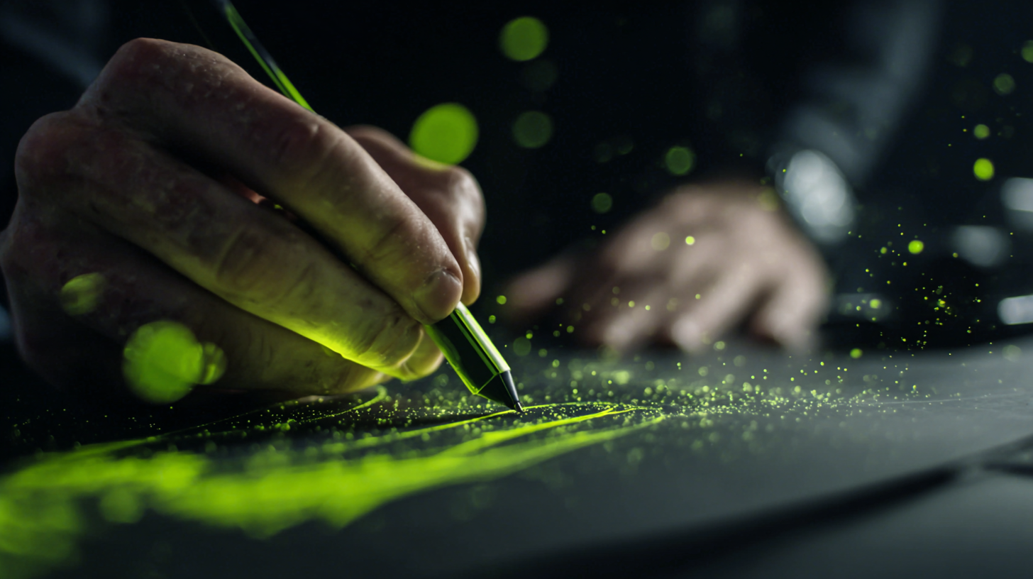 A hand uses a stylus that emits glowing green particles while drawing on a dark, textured surface.