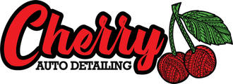 A logo for cherry auto detailing with two cherries and leaves.