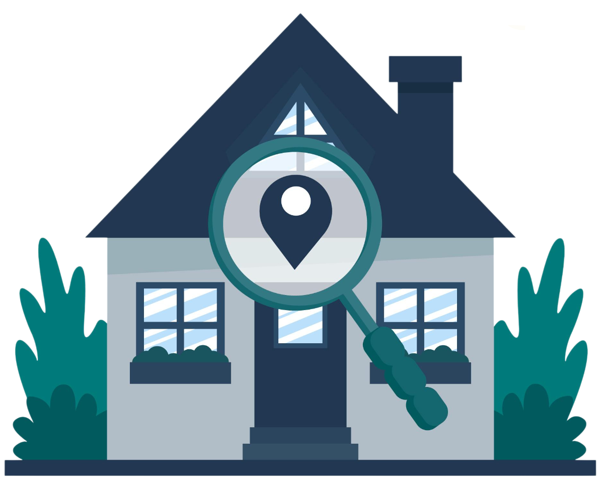 Casa con una lupa encima que contiene un marcador de ubicación.