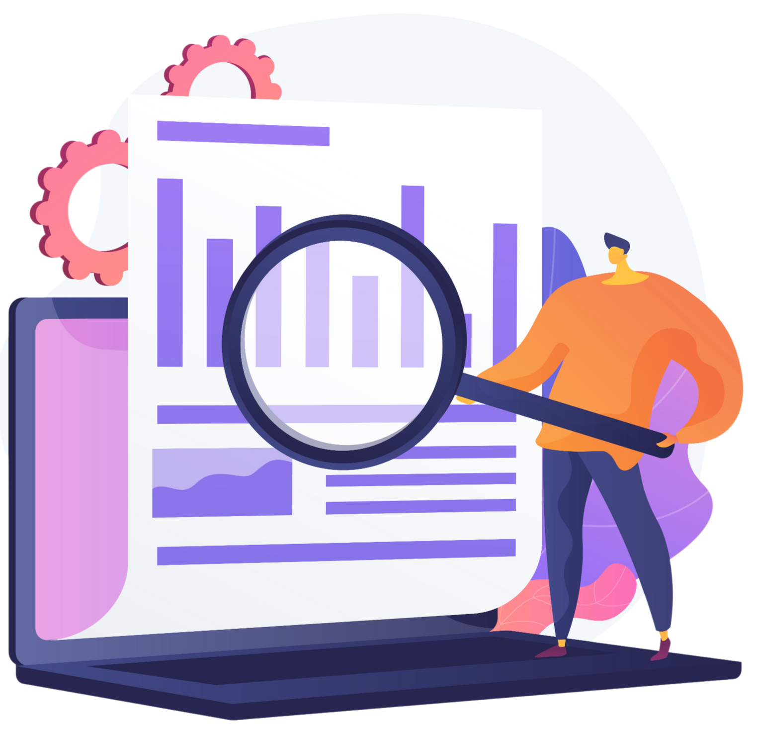 Persona examinando un gráfico de barras en la pantalla de una computadora portátil con una lupa.