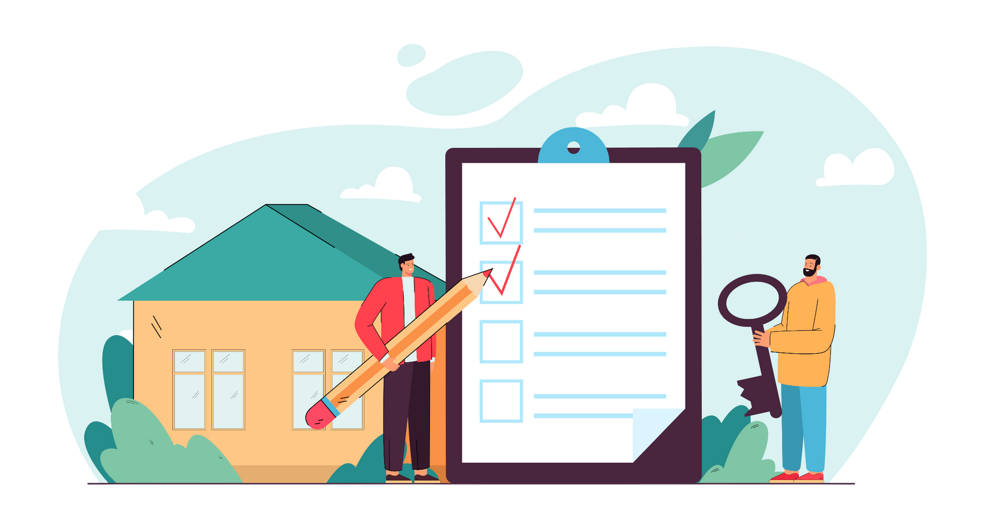 Dos personas con portapapeles y llave frente a una casa. Una revisa una lista, mientras la otra sostiene una llave.