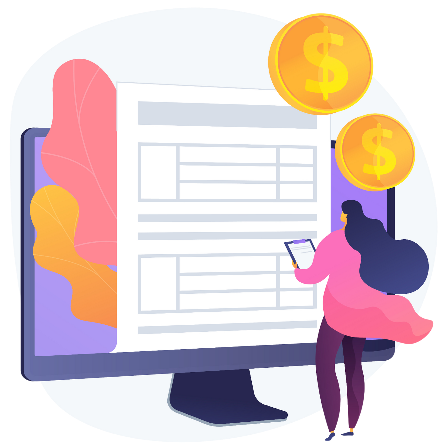 Mujer revisando documento en computadora, con monedas de oro flotando.