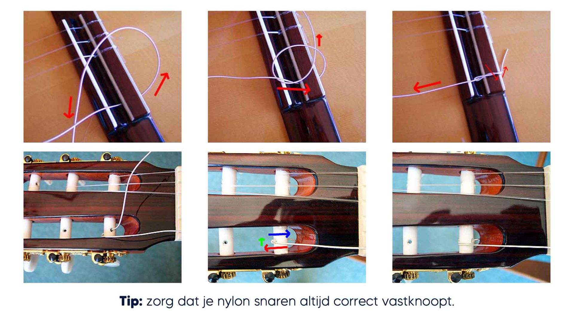 Uitleg over het vervangen en vastknopen van snaren op een klassieke concert gitaar.