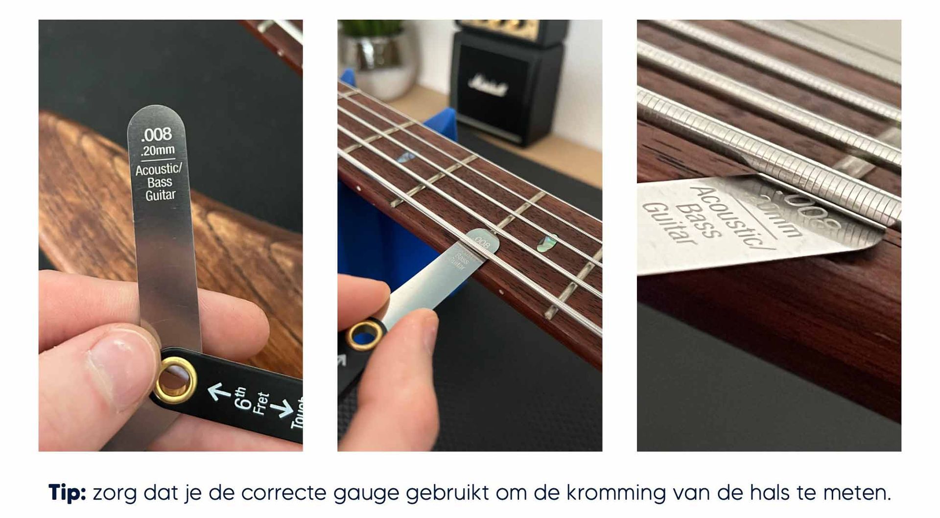 Uitleg over het gebruik van truss rod gauges bij het afstellen van de hals van een basgitaar –  zowel bij een forward/U-shaped bow als bij een backward/N-shaped bow.