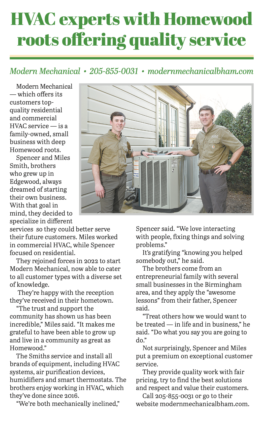 an ad for hvac experts with homewood roots offering quality service