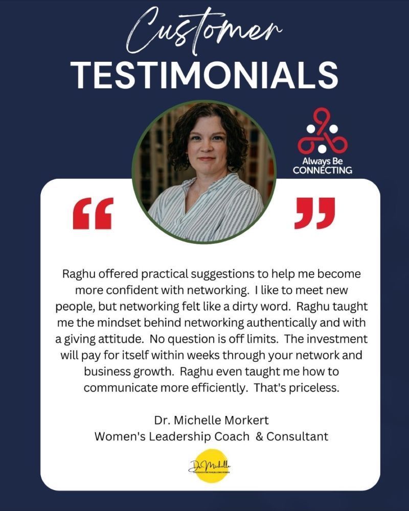 A customer testimonial from dr. michelle markert , a women 's leadership coach and consultant.  | Chicagoland | Always Be Connecting