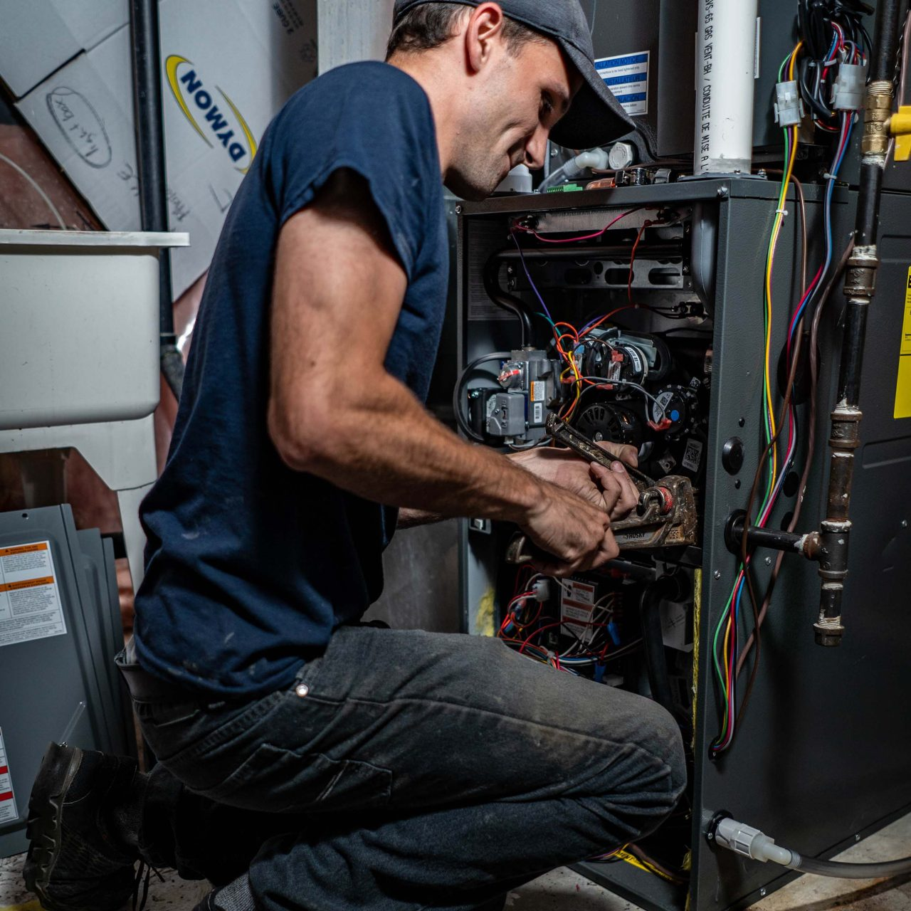 A person in a blue shirt and cap kneels, repairing a furnace with exposed wires in a basement.