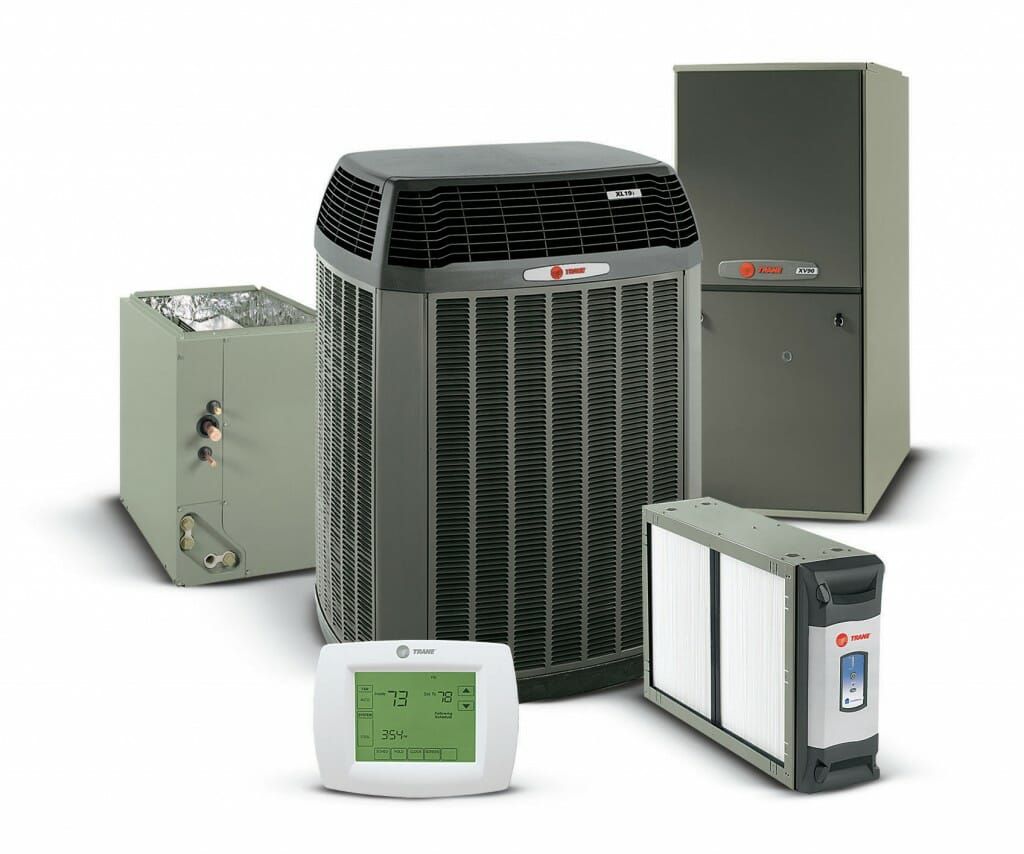 HVAC system components: air conditioner, furnace, air handler, filter, and thermostat.