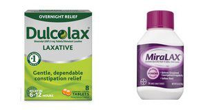 a box of dulcolax laxative next to a bottle of miralax laxative