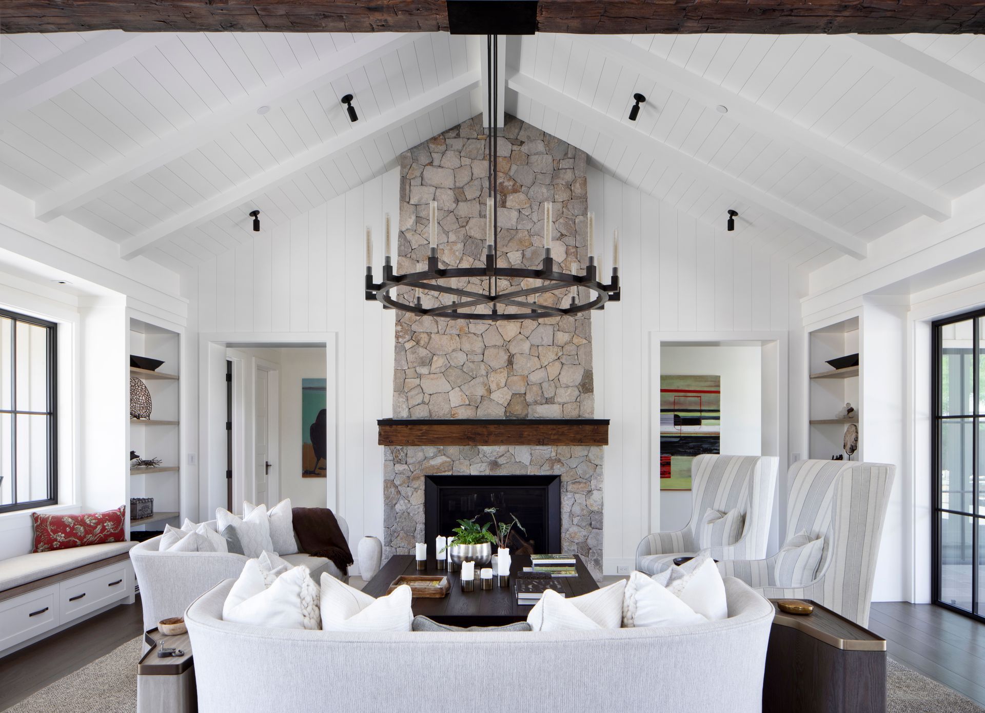 Living room with stone fireplace built by Nunley Custom Homes in Greenville, SC.