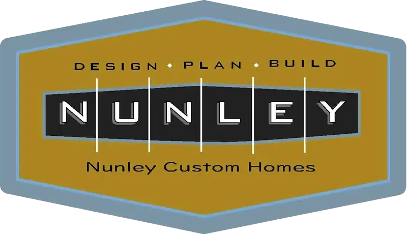 Logo for Nunley Custom Homes, featuring text within a hexagon: "NUNLEY" over "Design, Plan, Build" and "Nunley Custom Homes".