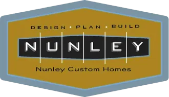Logo for Nunley Custom Homes, featuring text within a hexagon: "NUNLEY" over "Design, Plan, Build" and "Nunley Custom Homes".