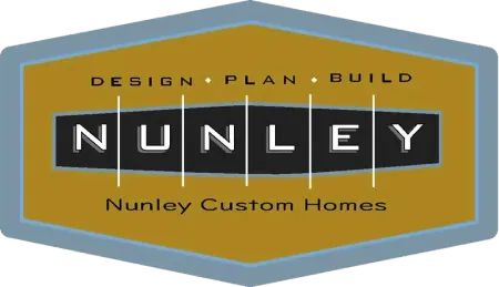 Logo for Nunley Custom Homes: gold and gray hexagon with text 