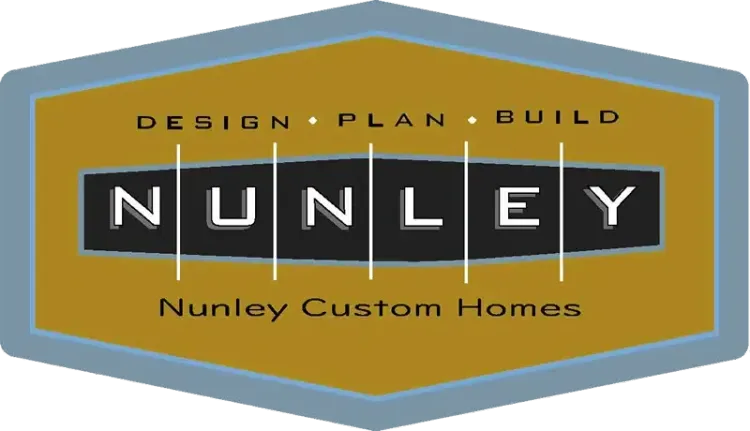 Logo for Nunley Custom Homes: gold and gray hexagon with text 