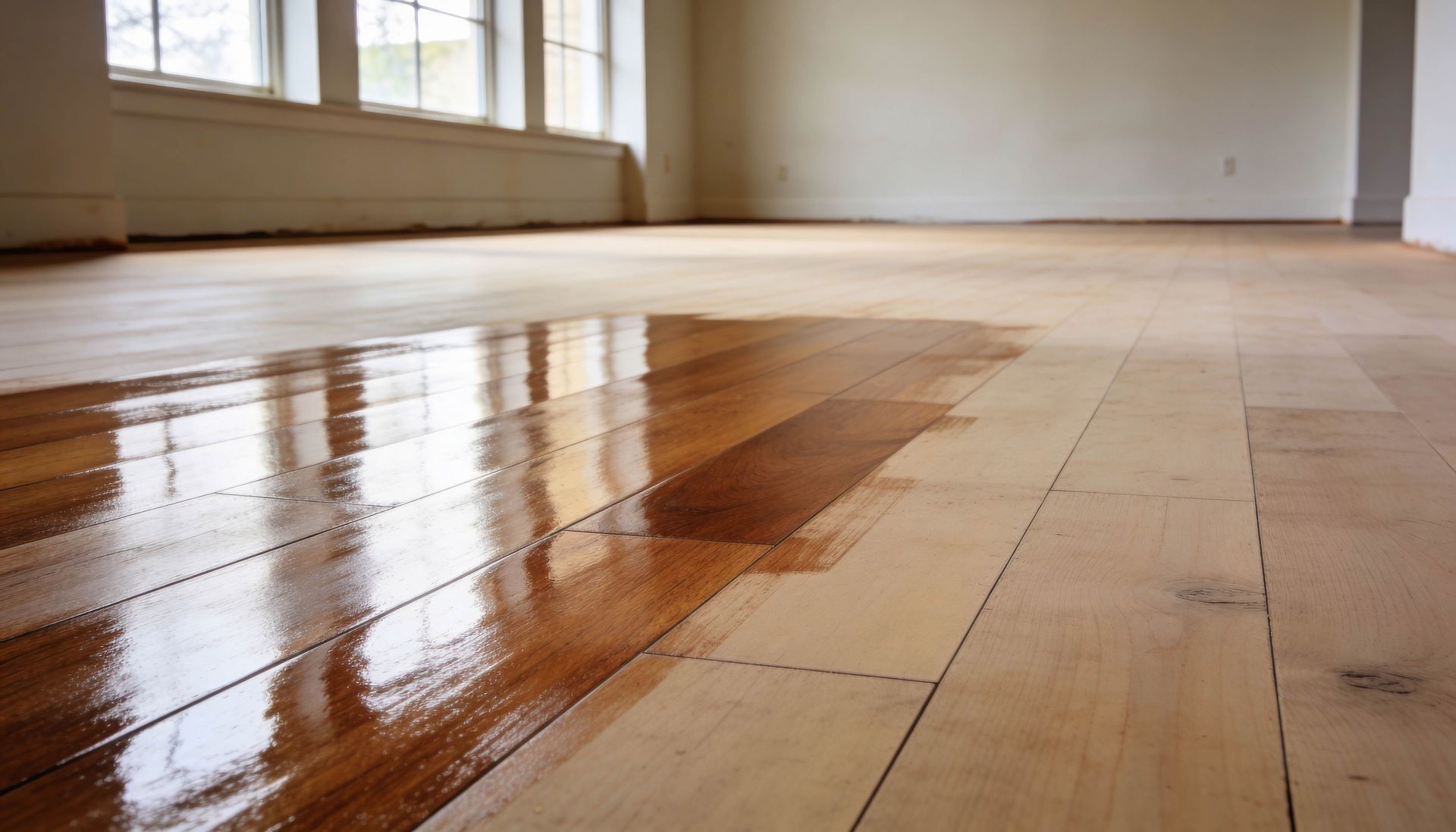 Hardwood floor refinishing in progress by expert flooring contractors for a smooth, shiny finish.