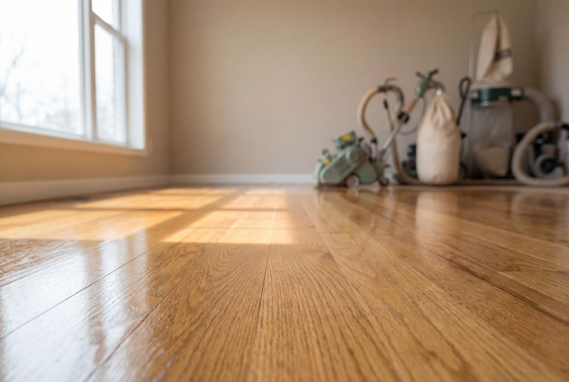 Hardwood floor refinishing results showing a high-gloss, polished light wood floor in a sunny room.