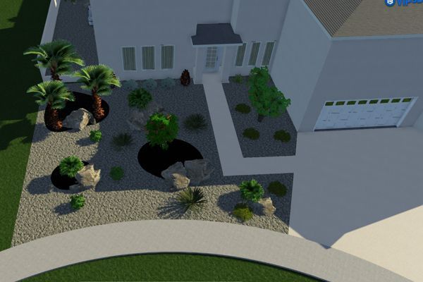 An aerial view of a house with a garden in front of it.