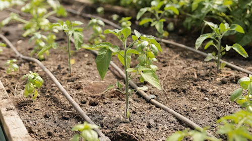 Young green seedlings growing in rows of dry soil with drip irrigation tubes