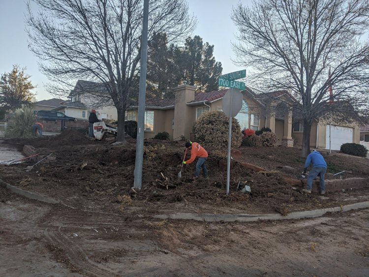 A group of people are digging in the dirt in front of a house.