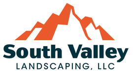 A logo for south valley landscaping llc with a mountain in the background