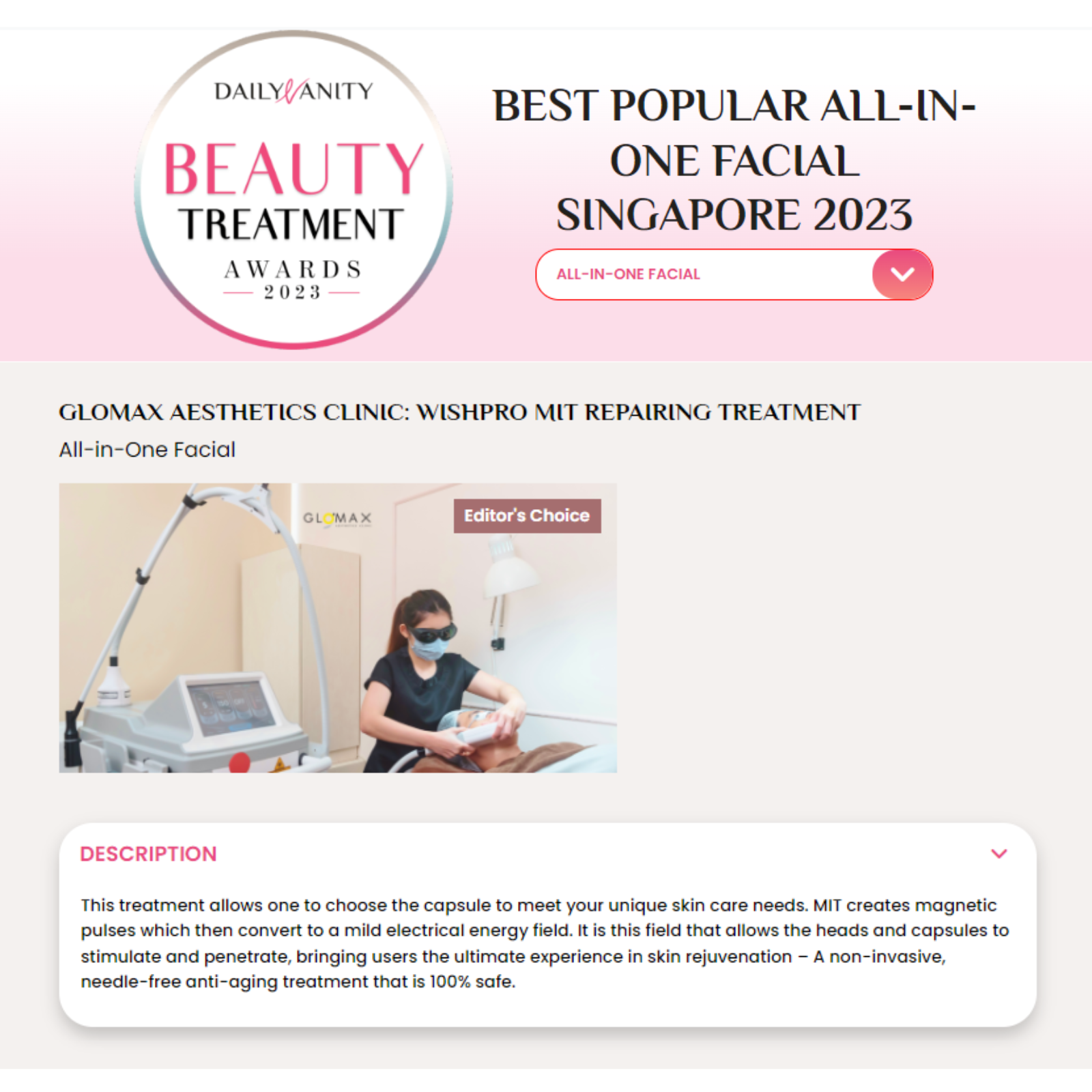 Daily Vanity Beauty Treatment Awards 2023 - Best Popular All-in-one Facial Singapore: Glomax Aesthetics WishPro MIT Repairing Treatment