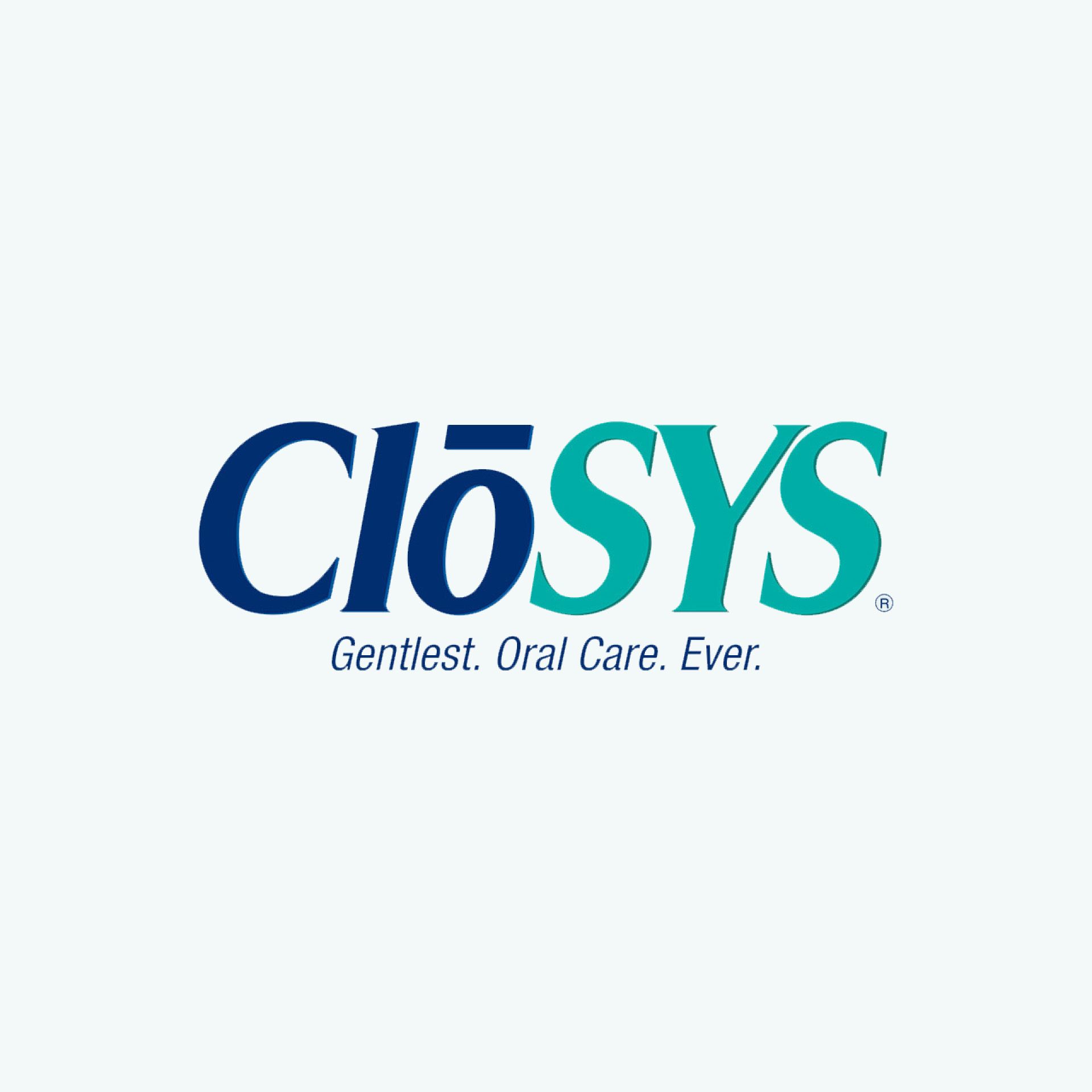 Logo for CloSYS oral care: navy and teal text, 