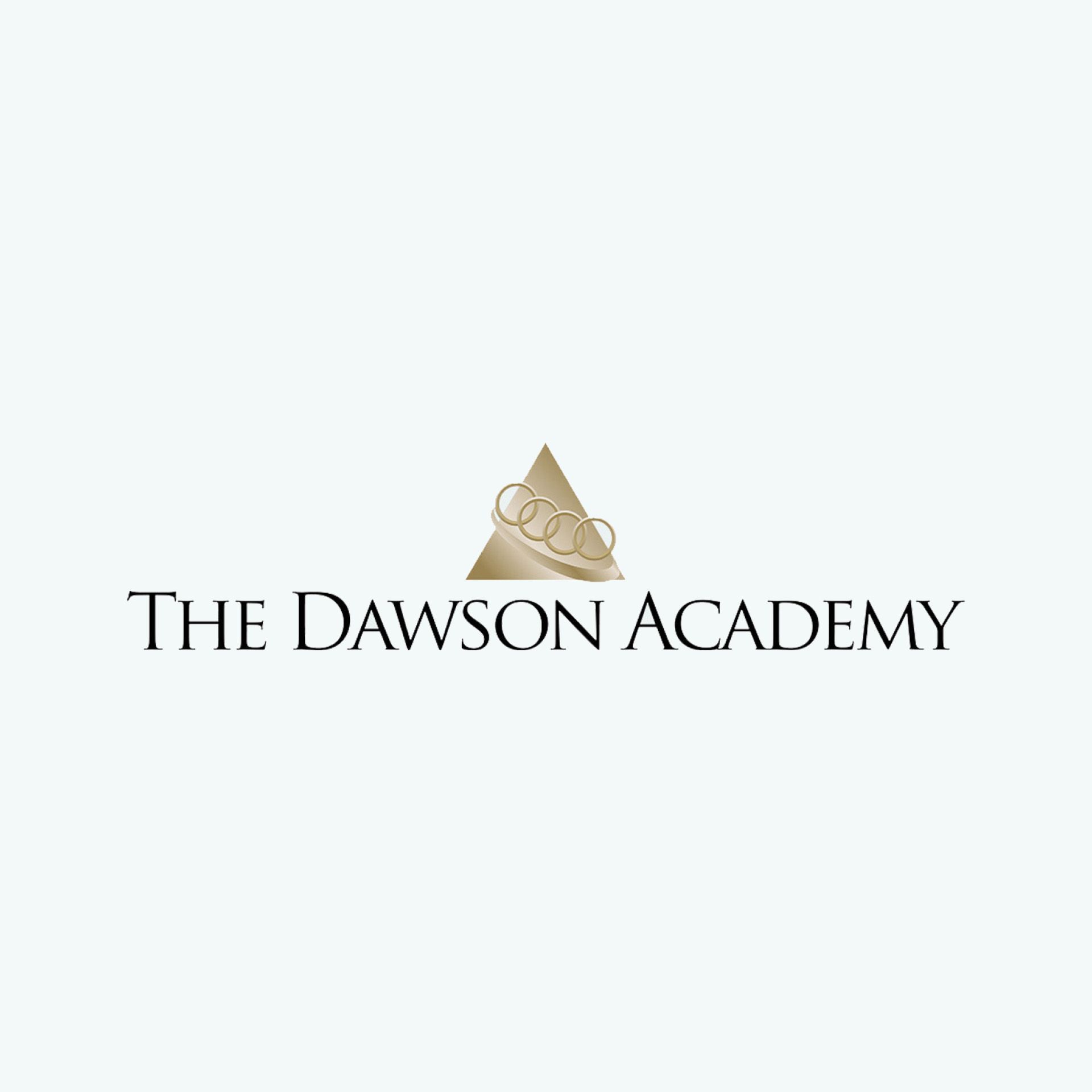 Logo for The Dawson Academy: gold triangle with three linked rings, text 